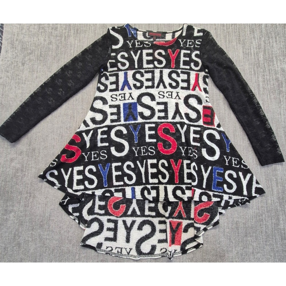 Mishca women's YES print high‎ low hem tunic top SM lace sleeves Artsy colorful